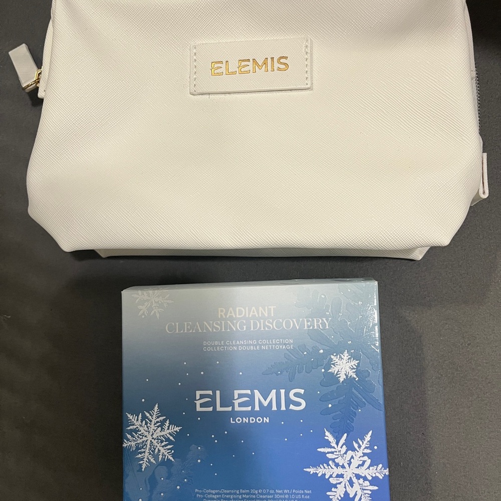 NEW ELEMIS White Cosmetic Bag with Radiant Cleansing Discovery Set